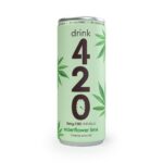 A 250ml can of "drink 420" CBD-infused sparkling water, featuring a pastel green background with illustrated cannabis leaves. The front displays bold text: “drink 420” with the “0” stylised as a clock, “15mg CBD INFUSED,” and “elderflower lime.” The top rim reads “NO SUGAR · 33 CALORIES · NO ADDED SWEETENERS.”