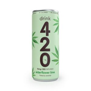 A 250ml can of "drink 420" CBD-infused sparkling water, featuring a pastel green background with illustrated cannabis leaves. The front displays bold text: “drink 420” with the “0” stylised as a clock, “15mg CBD INFUSED,” and “elderflower lime.” The top rim reads “NO SUGAR · 33 CALORIES · NO ADDED SWEETENERS.”