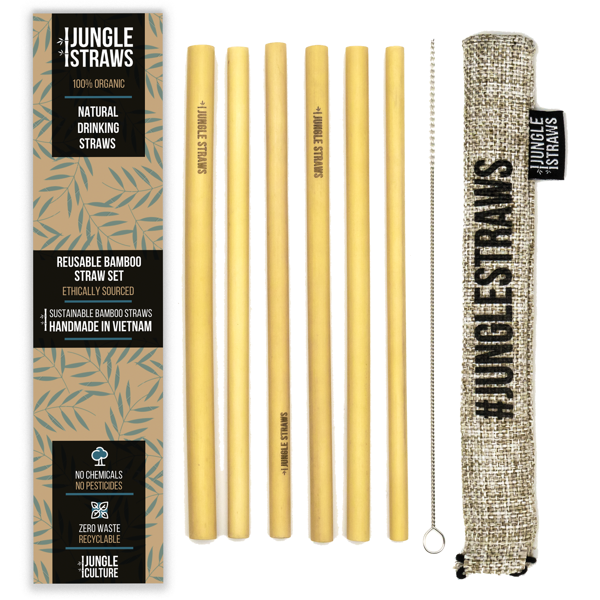 jungle straw 6 pack Jungle Straws Natural Bamboo Straws with coloured jute pouch set of 6 - Image 1