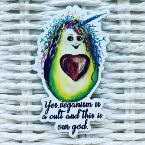 Fridge Magnet "Veganism is a cult" Yes, veganism is a cult and this is our god - Smiling Avocado with a unicorn horn
