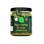 Image of black lidded jar of turmeric bliss raw hemp butter.