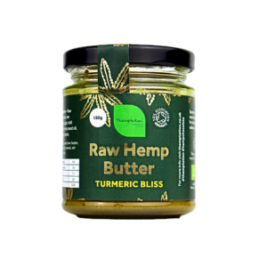 Image of black lidded jar of turmeric bliss raw hemp butter.