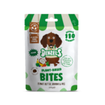 White compostable bag with green stripes and dog image - packet of plant based dog bites