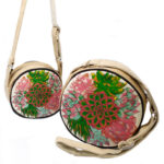 Image of 2 small round bags with colourful pink and green cactus print on front and long straps.