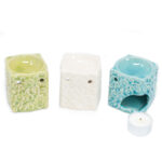 Trio of green. white and blue small square oil burners with single tea light