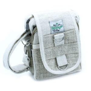 Image of front of hemp and cotton cross body shoulder bag with long strap visible