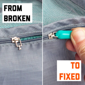 "From broken" text on an image of a zip missing the pull end. "To Fixed" text on a zip with Fix It on the end of it