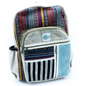 Large rucksack with mixed colour and patterns with front pocket and many zipped pockets