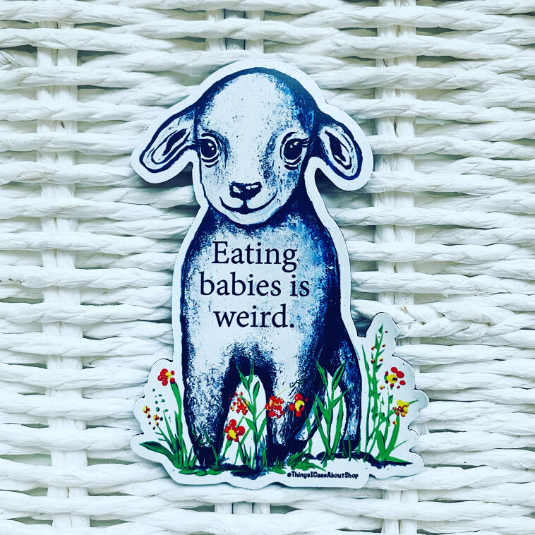 a fridge magnet showing a friendly looking lamb on a patch of grass and flowers, on its chest the following words are displayed: Eating babies is weird.