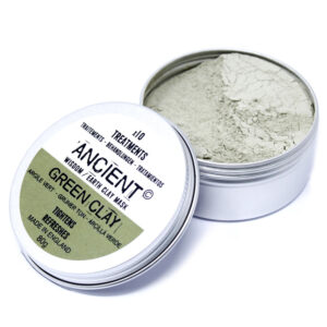 Image of green clay loose in tin with lid off and to the side