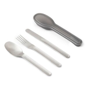 Picture of the Travel Cutlery Set by Black+Blum: a spoon, a fork and a knife made of stainless steel laid out next to a grey case