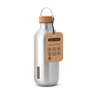 Steel bottle with cork lid and metal carry/hanging loop. Brown cardboard tag attached.