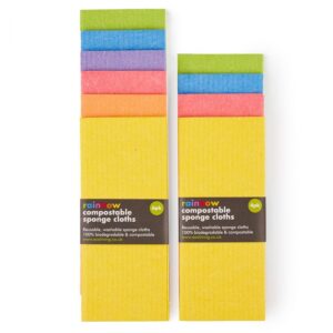 Pack of 6 and 4 rainbow (yellow, red, blue, green, etc) cloths in packs side by side.
