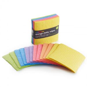 pack of 12 compostable rainbow sponge wipes in yellow, orange, pink, purple, blue and green