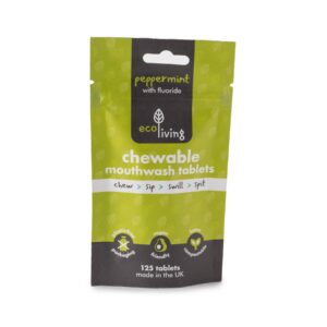 A green bag with white writing that reads "Eco Living peppermint with fluoride chewable mouthwash tablets". The background is white