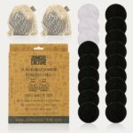 Overhead image of brown box packaging with 2 washable cotton bags, 3 terry scrub pads and 15 black bamboo pads around the box