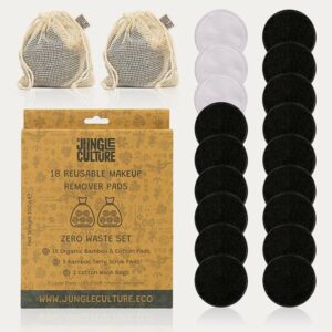 Overhead image of brown box packaging with 2 washable cotton bags, 3 terry scrub pads and 15 black bamboo pads around the box