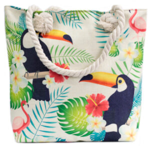 Tropical Toucans Rope Handled Jute Bucket Bag design in beige and green vintage