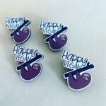 Happy Vegan Sloth image on a Wooden Pin badge.