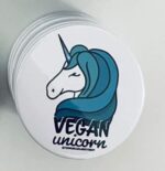 Vegan Unicorn Magnet - Text with an image of a unicorn with a blue mane