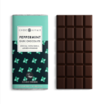 Choc Affair Peppermint Dark Chocolate - Green packaging, with an image of the chocolate bar itself out of the packaging.