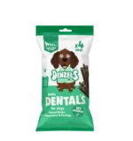 Paper packet green and white striped with dog image on front containing 4 dog treats