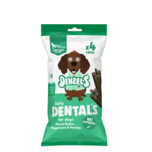 Paper packet green and white striped with dog image on front containing 4 dog treats