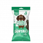 Green and white striped paper packet with dog image on front containing 5 medium dog treats