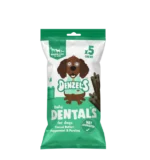 Green and white striped paper packet with dog image on front containing 5 medium dog treats