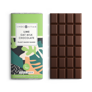 Choc Affair Lime Oat Milk Chocolate - Green packaging with an image of the chocolate bar unwrapped,