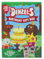 Denzel's Dog Birthday Gift Box - Colourful Image of a dog with a large birthday cake outdoors.
