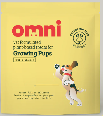 Omni Growing Pups Dog Treats Omni Growing Pups Dog Treats - Yellow Package With Image Of A Dog