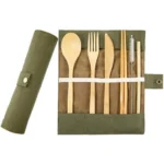 Olive green cutlery roll - one pictured closed and one open showing the bamboo cutlery, chopsticks, straw and straw cleaner inside.