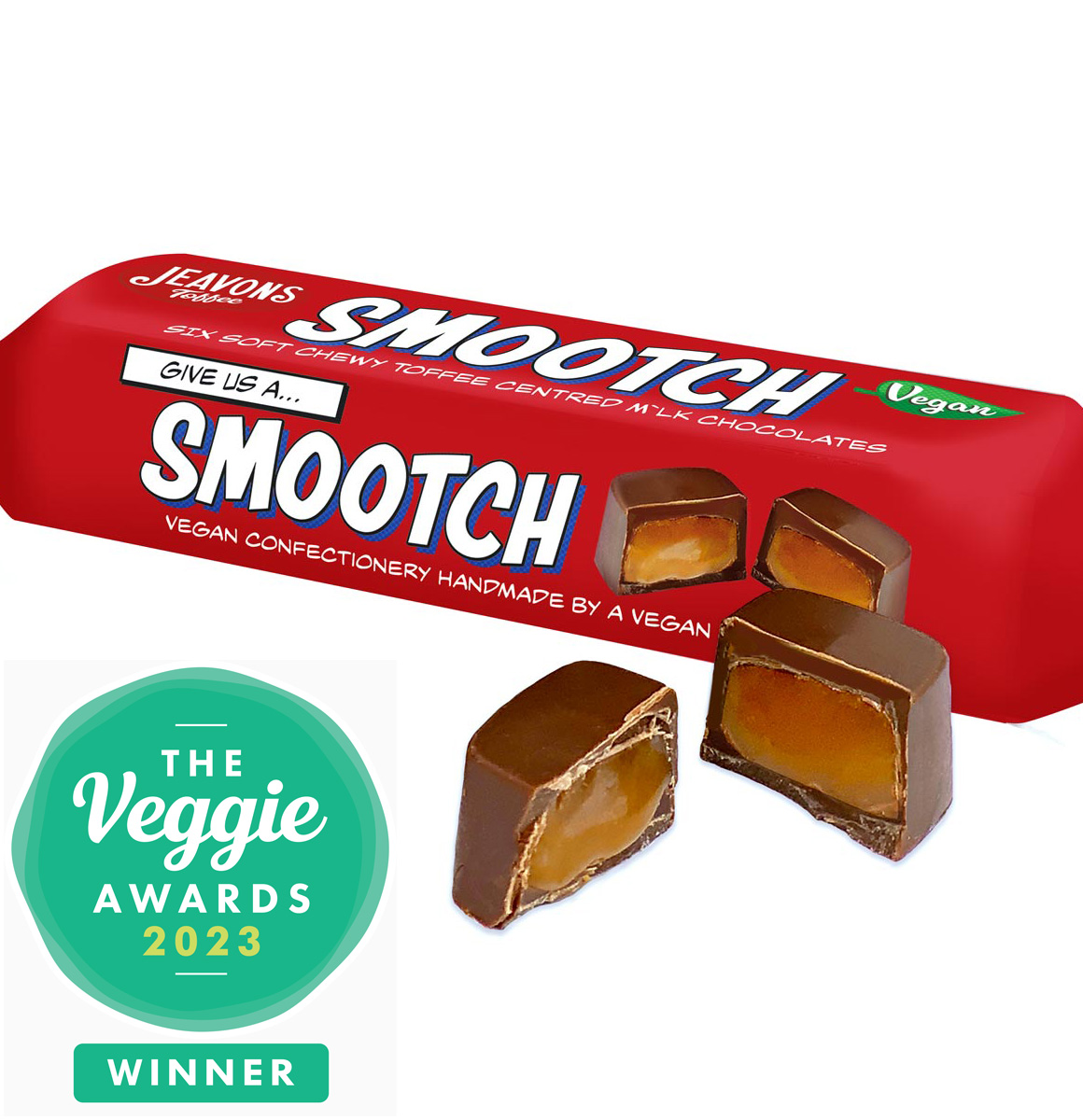 Smootch_Award Bar of Smootch chocolates with one cut open in front of packaging and The Veggie Awards Winner 2023 medal in corner of image.