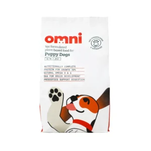 White paper bag containing Omni Complete Plant-Based Food for Puppy Dogs 2kg bag