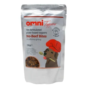 Silver foil packet of Omni Vet formulated plant-based toppers No-Beef Bites