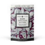 Dark chocolate vegan buttons in a paper pouch with attractive cacao beans design on.